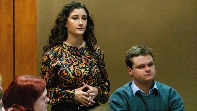 Student Government Association senator Gina Esposito, author of the new resolution on excused absences, speaks to the senate Nov. 13, 2019. The resolution calls on Ball State’s administration to change its policy on excused absences for students participating in university-related events and programs. John Lynch, DN