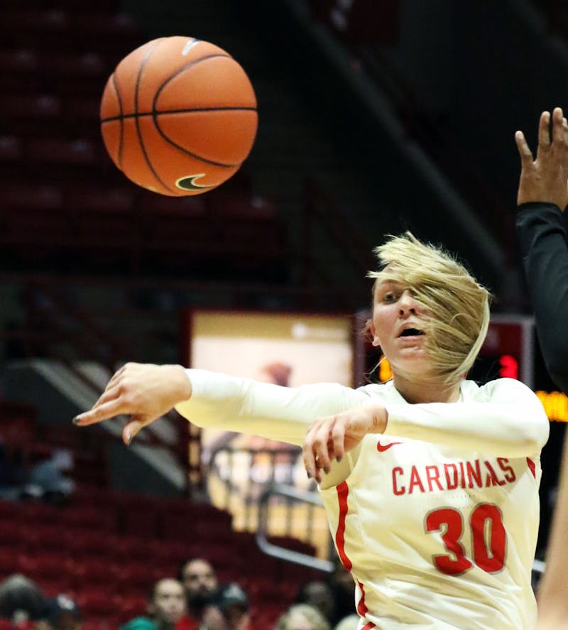 Ball State redshirt freshman guard Anna Clephane passes the ball during the Cardinals' game against Butler Saturday, Nov. 23, 2019, at John E. Worthen Arena. Ball State won 74-70. Paige Grider, DN