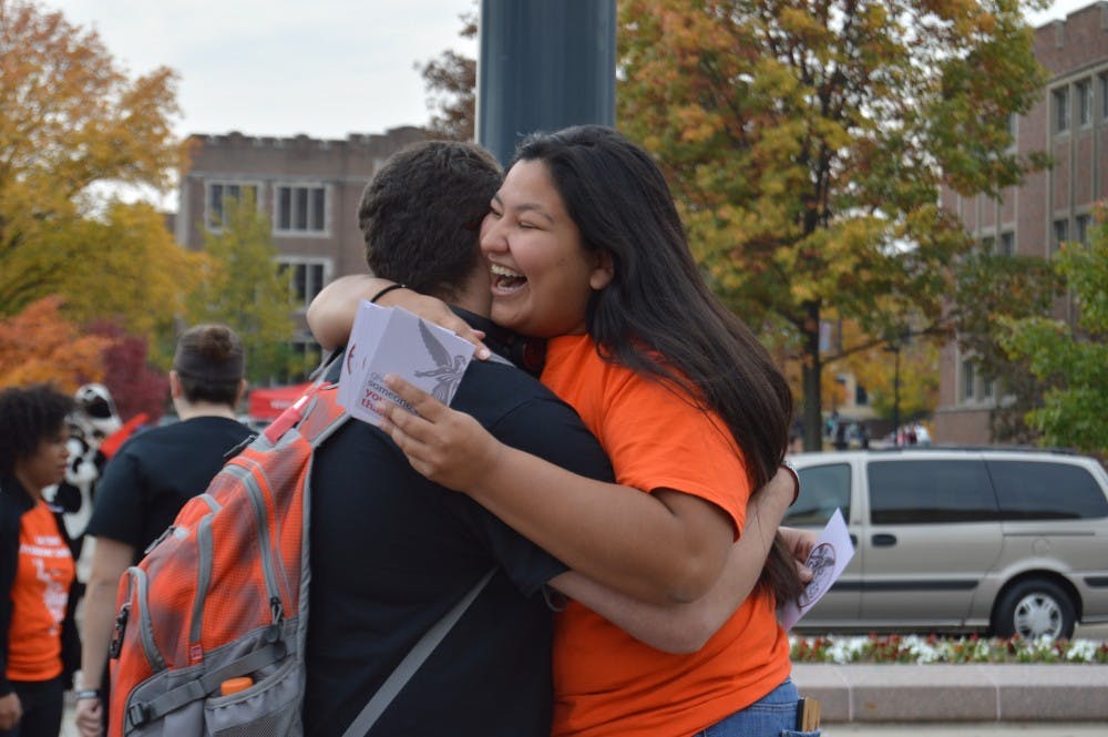 <p>Latino Student Union, along with other Big 4 organizations and Greek Councils, organized the first-ever BSUCARES day, where they gave out flowers, hugs, buttons and cards to students across campus. <em>DN PHOTO ALLIE KIRKMAN</em></p>