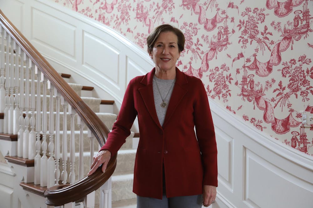 <p><strong>&nbsp;</strong>First Lady of Ball State Jennifer Mearns poses for a photo on the main staircase of Bracken House March 14. Mearns says she sees her role as First Lady as both being an ambassador to the University and a role to support her husband and the community. Olivia Ground, DN</p>