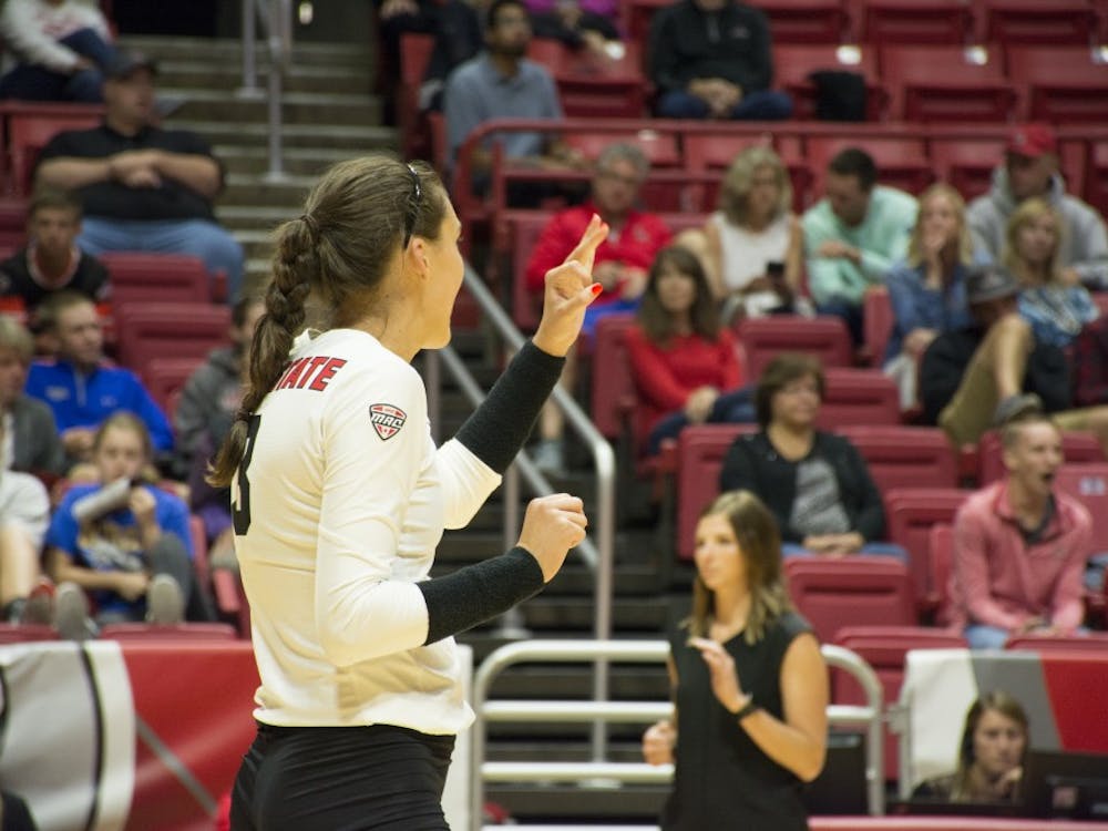 Junior Outside Hitter Brooklyn Goodsel signals to her team before a serve on Sept. 2 at Worthen Arena. Goodsel had 2 blocks and 8 kills on the night.