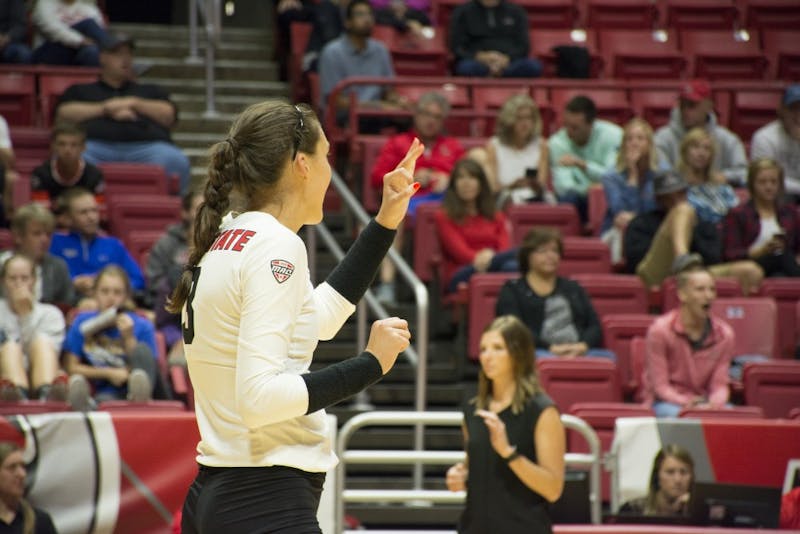 Junior Outside Hitter Brooklyn Goodsel signals to her team before a serve on Sept. 2 at Worthen Arena. Goodsel had 2 blocks and 8 kills on the night.