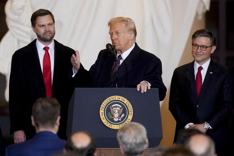 US Vice President JD Vance, from left, President Donald Trump, and US House Speaker Mike Johnson, a Republican from Louisiana, during the 60th presidential inauguration in Emancipation Hall of the US Capitol in Washington, DC, US, on Monday, Jan. 20, 2025. President Donald Trump launched his second term with a strident inaugural address that vowed to prioritize Americas interests with a "golden age" for the country, while taking on "a radical and corrupt establishment." Photo by Al Drago/Pool/ABACAPRESS.COM