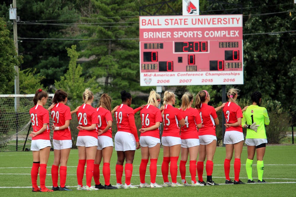 The Ball State womens soccer team stands as the National Anthem plays before the start of the game on Sept. 23, 2021, at Briner Sports Complex in Muncie, IN. Amber Pietz, DN