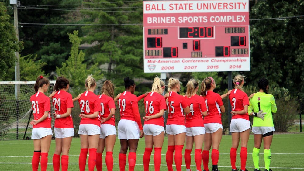 The Ball State womens soccer team stands as the National Anthem plays before the start of the game on Sept. 23, 2021, at Briner Sports Complex in Muncie, IN. Amber Pietz, DN
