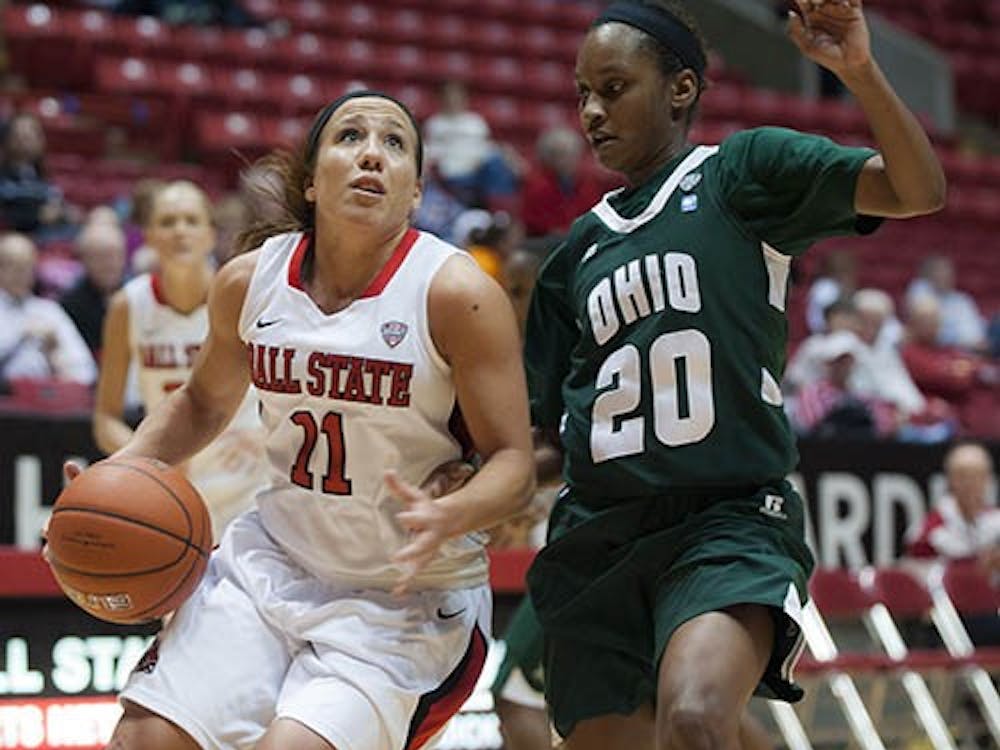 Junior guard Brandy Woody pushes toward the paint for a layup attempt against Ohio University Jan. 26 in Worthen Arena. Woody was the lead scorer for the Cardinals in their victory over the Bobcats. DN FILE PHOTO JONATHAN MIKSANEK
