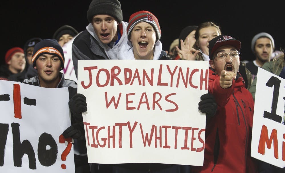 Ball State students cheer on the football team against the undefeated Northern Illinois football team Nov. 13 at Huskie Stadium. DN PHOTO MARCEY BURTON