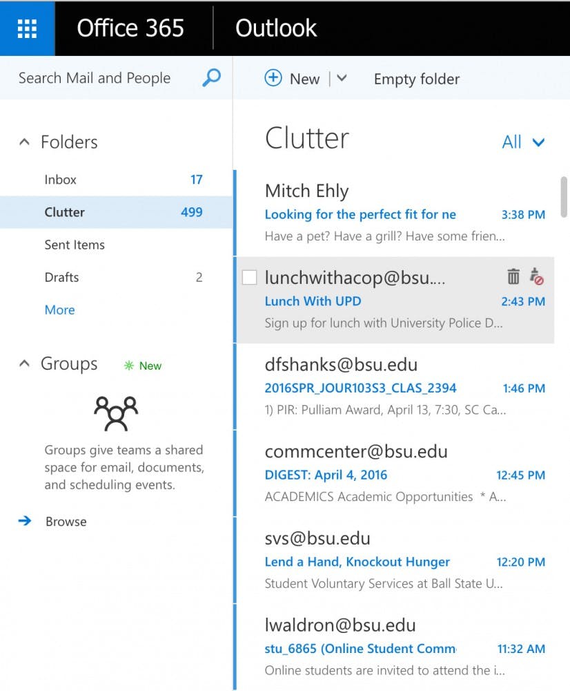 Ball State email enable Clutter by default, which separates low priority messages in another inbox. Clutter analyzing user habits to determine what messages might be ignored, which are then put into the Clutter inbox. PHOTO COURTESY OF BALL STATE OUTLOOK