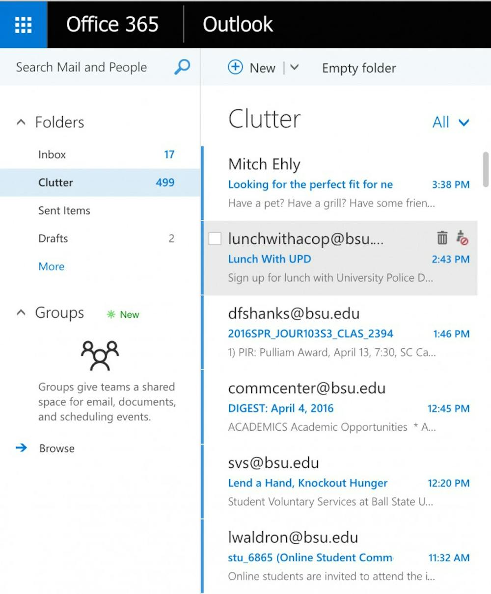 <p>Ball State email enable Clutter by default, which separates low priority messages in another inbox. Clutter analyzing user habits to determine what messages might be ignored, which are then put into the Clutter inbox. <i style="background-color: initial;">PHOTO COURTESY OF BALL STATE OUTLOOK</i></p>