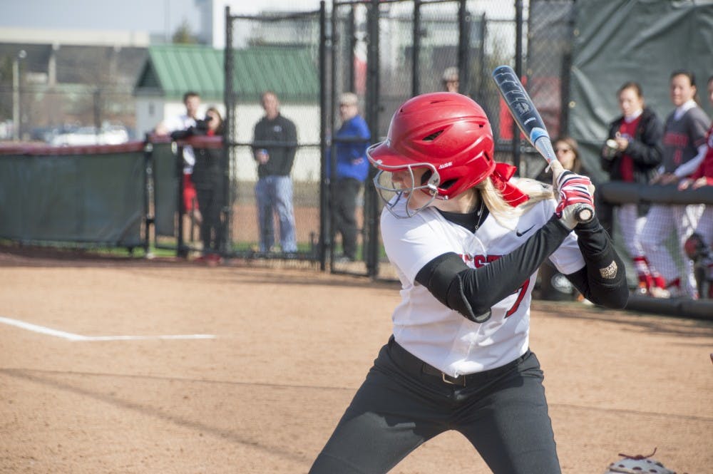 Senior outfielder Hanne Stuedemann prepares to hit the ball during the second game of the double header against Western Kentucky at First Merchants Ballpark Complex on March 21. DN PHOTO ALAINA JAYE HALSEY