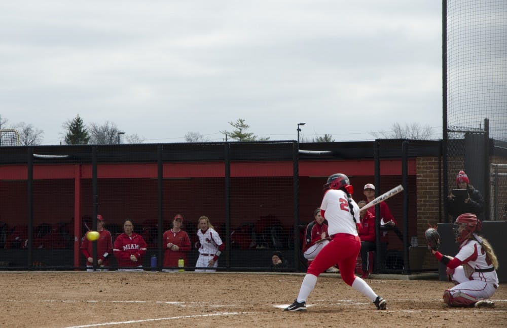 <p>Sophomore catcher Madison Lee prepares to hit the ball during Ball State’s first game of the double-header&nbsp;against Miami on April 1&nbsp;at the Softball Diamond at First Merchants Ballpark Complex. Ball State won&nbsp;6-5 in the first game, and 3-1 in the second.<em>&nbsp;Michelle Kaufman // DN</em></p>