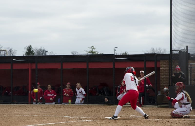 Sophomore catcher Madison Lee prepares to hit the ball during Ball State’s first game of the double-header&nbsp;against Miami on April 1&nbsp;at the Softball Diamond at First Merchants Ballpark Complex. Ball State won&nbsp;6-5 in the first game, and 3-1 in the second.&nbsp;Michelle Kaufman // DN