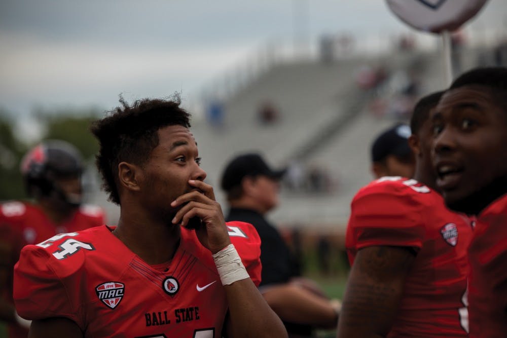 Cornerback Gerald Smith reacts to a hail mary thrown by Riley Neil in the last few minutes of the fourth quarter Sept. 22, at Scheumann Stadium that would have put the Cardinals one point behind Western Kentucky. The play was reviewed and called incomplete resulting in Ball State to be defeated 28 to 20. Eric Pritchett,DN