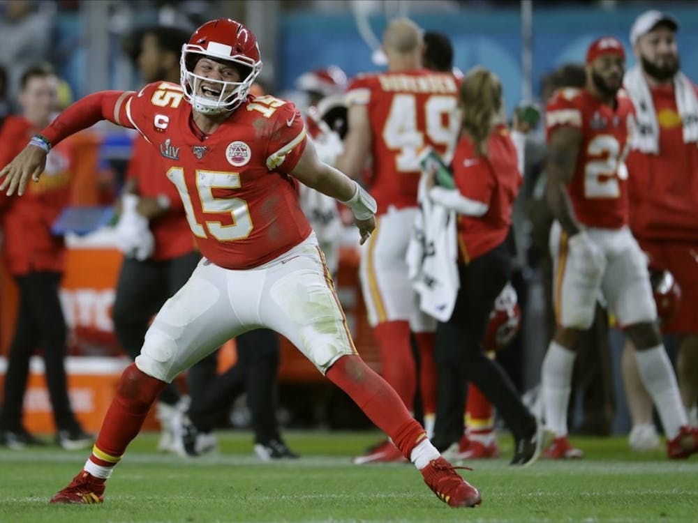 Kansas City Chiefs' quarterback Patrick Mahomes celebrates his touchdown pass to Damien Williams in the the second half of the NFL Super Bowl 54 football game Sunday, Feb. 2, 2020, in Miami Gardens, Fla. (AP Photo/John Bazemore)