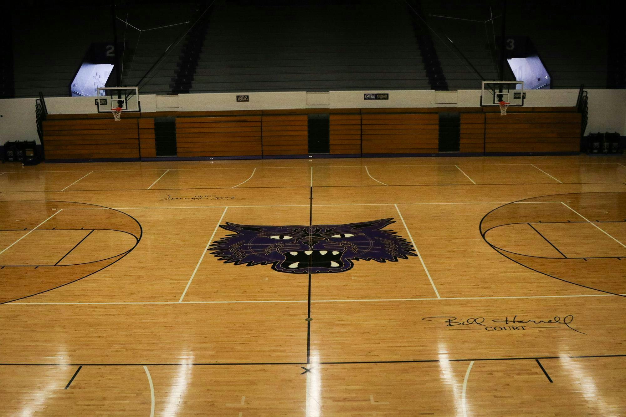 Muncie Central's mascot, the Bearcat, is featured center court at the Muncie Fieldhouse, Sunday, April 7. The court is named "Bill Harrell Court", named after the Bearcats' state championship-winning coach in the 1970s, '80s and '90s. Kyle Smedley, DN