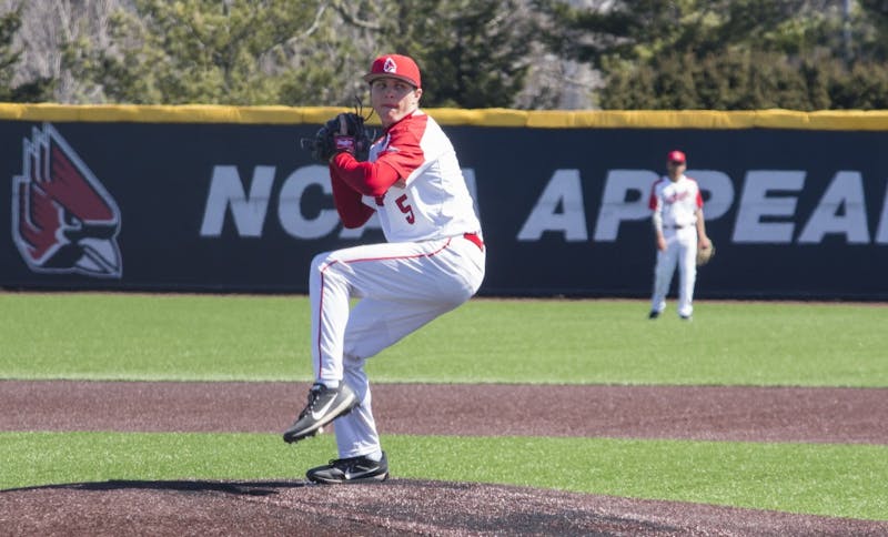 Ball State baseball player Drey Jameson goes to pitch the ball during the game against the University of Dayton on March 18 at the Baseball Diamond at First Merchant’s Ballpark Complex. Ball State played Dayton four times this weekend, winning two games and losing two. Briana Hale, DN