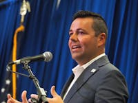  Republican lieutenant governor candidate Micah Beckwith speaks on the debate stage on Tuesday, August 13, 2024. Leslie Bonilla Muñiz/Indiana Capital Chronicle, photo provided
