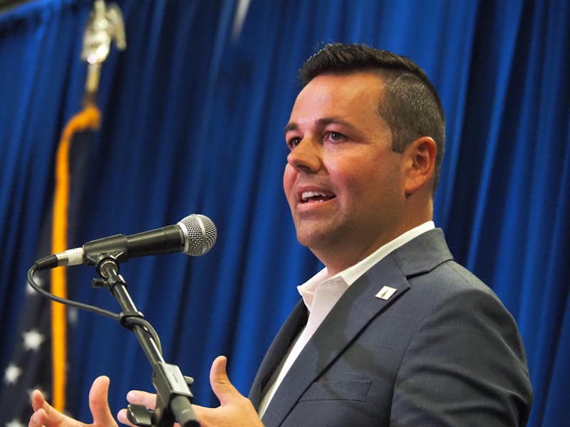  Republican lieutenant governor candidate Micah Beckwith speaks on the debate stage on Tuesday, August 13, 2024. Leslie Bonilla Muñiz/Indiana Capital Chronicle, photo provided
