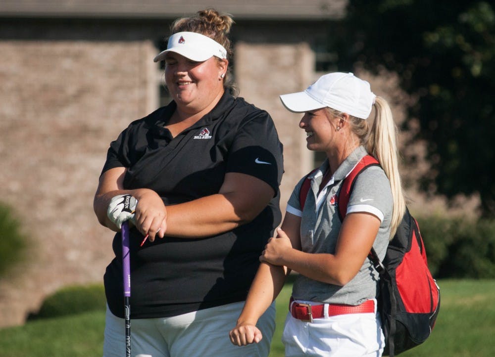 Junior Morgan Nadaline talks to the graduate assistant, Sophie Godley, on Sept. 20, 2016 at the Cardinal Classic. Kaiti Sullivan, DN File