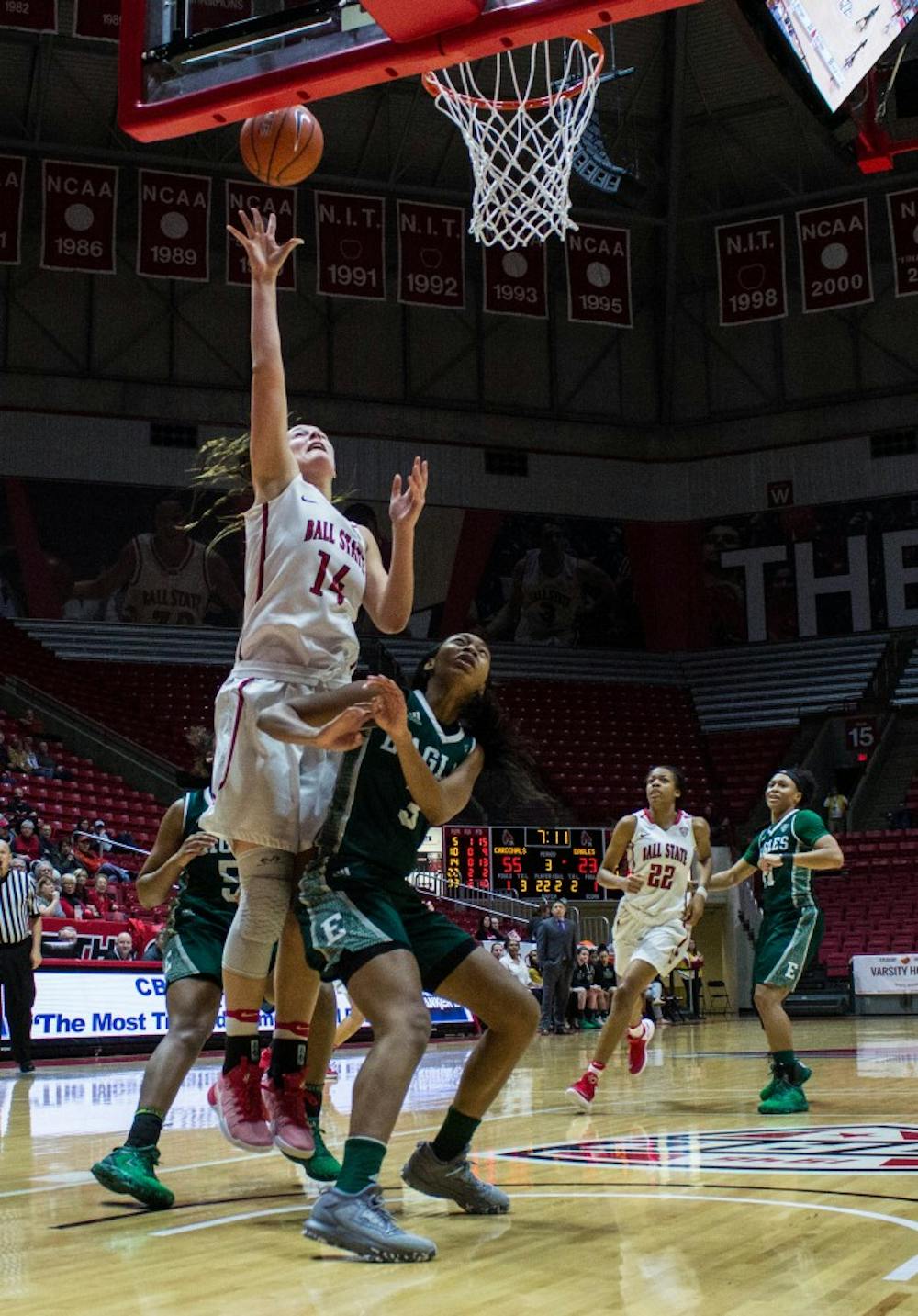 Ball State center Renee Bennett shoots a layup during the game against Eastern Michigan on Jan. 18 in Worthen Arena. The Cardinals won 78-49. Grace Ramey // DN