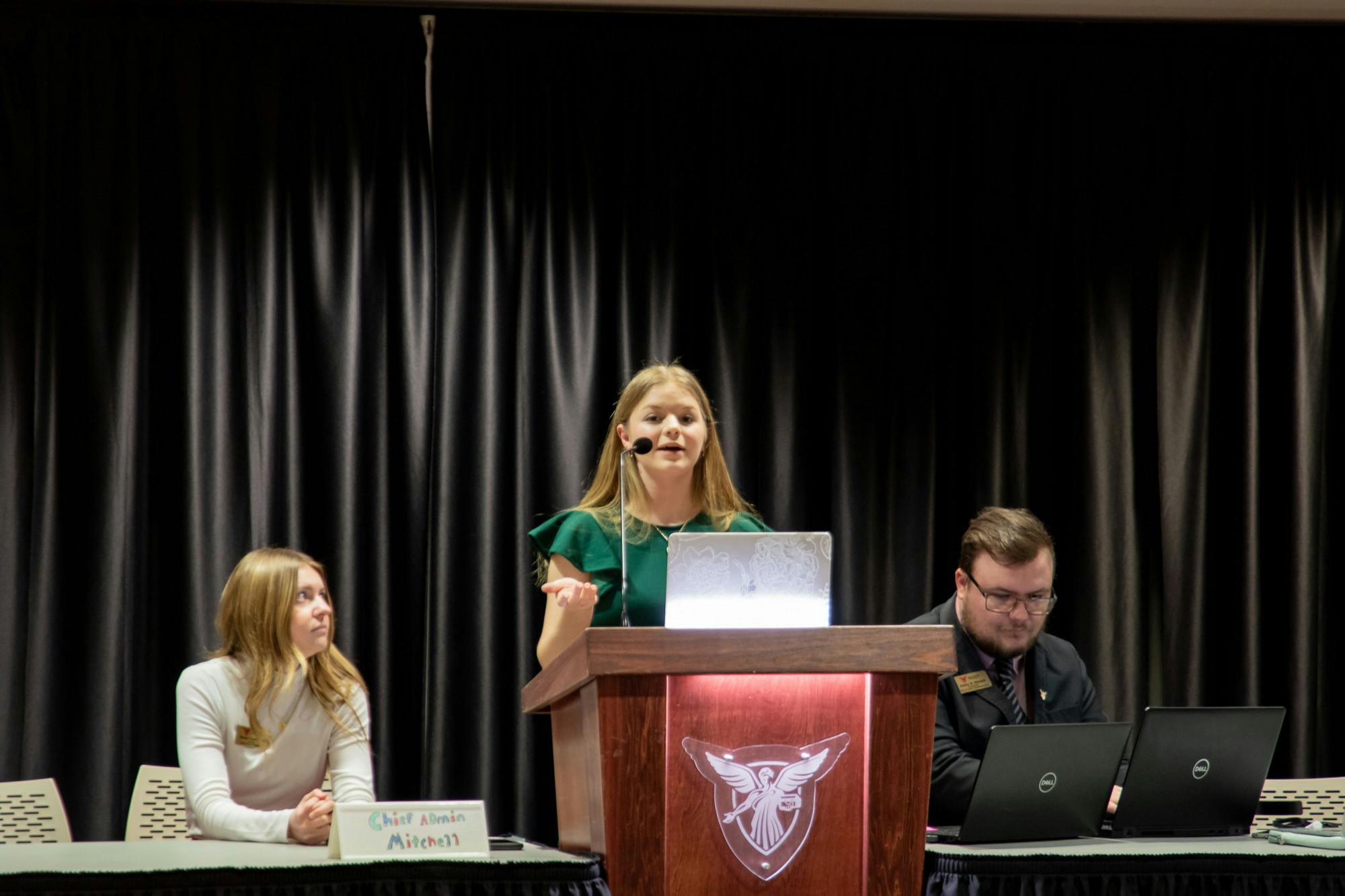 Student Government Association Parliamentarian Brenna Large presents for the president pro-tempore position in the L.A. Pittenger Student Center ballroom on March 29. Large was elected for the position. Madelyn Bracken, DN
