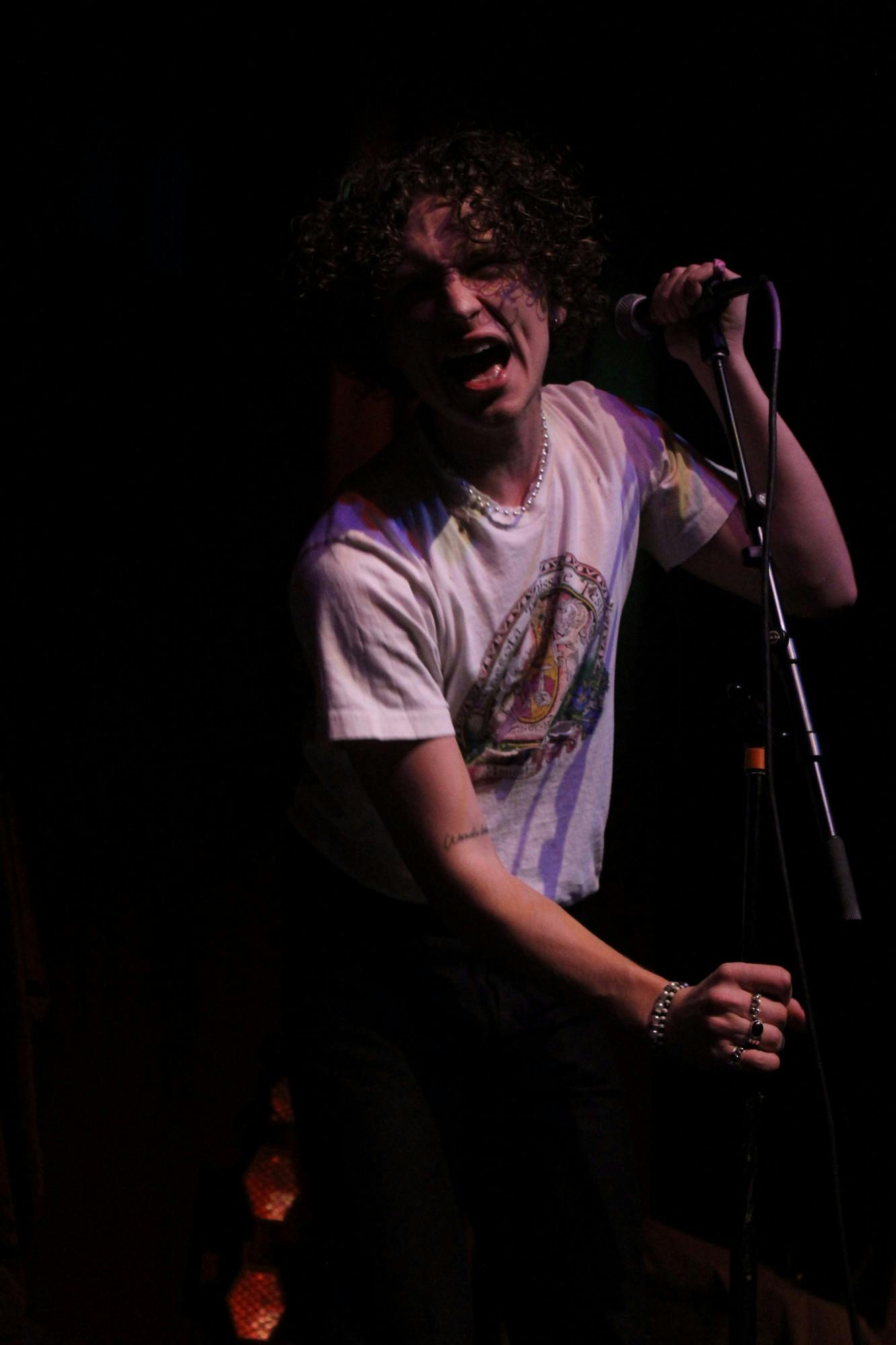 Hastings leans toward the crowd during an upbeat song whle performing at the Old National Center, in Indianapolis, IN, on Tursday, March 24, 2022. 