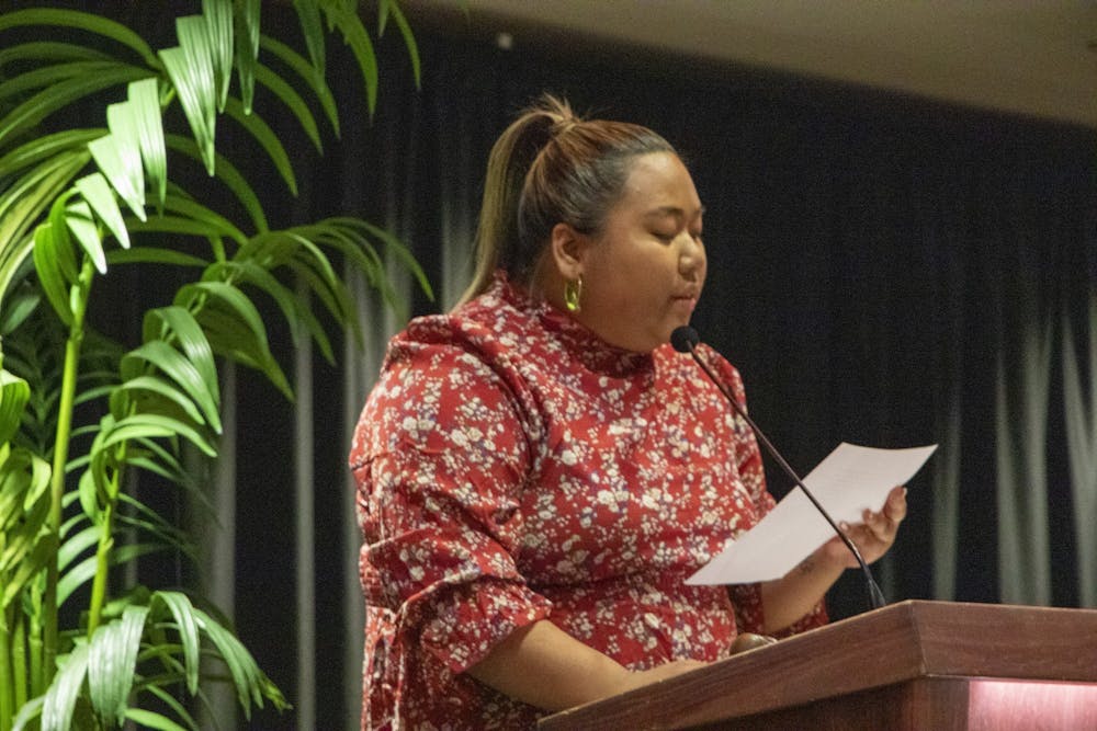 Ball State's Student Government Association's (SGA) President Tina Nguyen closes the inauguration ceremony with a speech April 20, 2022 in L.A. Pittenger Student Center. Nguyen is the first SGA president to serve two terms. Hannah Amos, DN