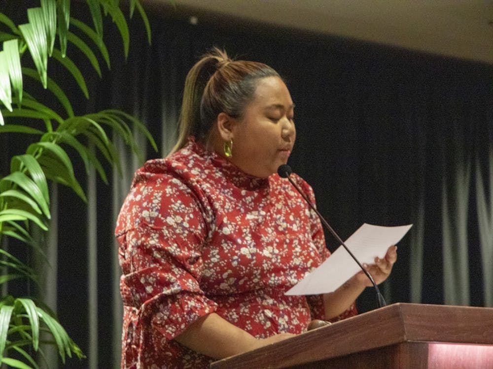Ball State's Student Government Association's (SGA) President Tina Nguyen closes the inauguration ceremony with a speech April 20, 2022 in L.A. Pittenger Student Center. Nguyen is the first SGA president to serve two terms. Hannah Amos, DN