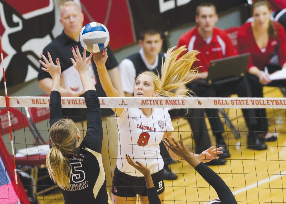 Senior middle hitter Mindy Marx hits the ball over the net against Western Michigan on Oct 11 at Worthen Arena. Marx had 13 kills. DN PHOTO BREANNA DAUGHERTY 