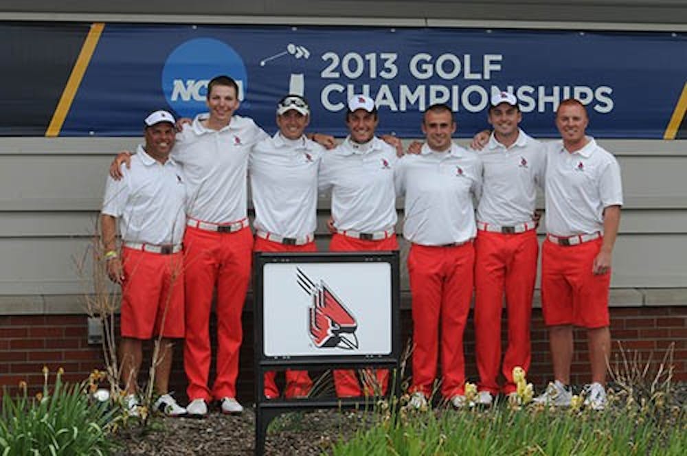 The golf team celebrates their fifth place finish in the Pullman Regional this past weekend. The team will advance to the NCAA National tournament. PHOTO PROVIDED BY BSU ATHLETICS
