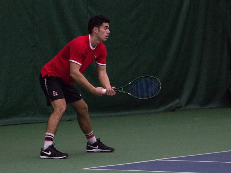 Ball State tennis players Matt Helm and Tom Carney play against Eastern Illinois players Jared Woodson and Freddie Ammer in the match on Jan. 22 at Muncie's Northwest YMCA. The Cardinals won 6-1. Grace Ramey, DN File