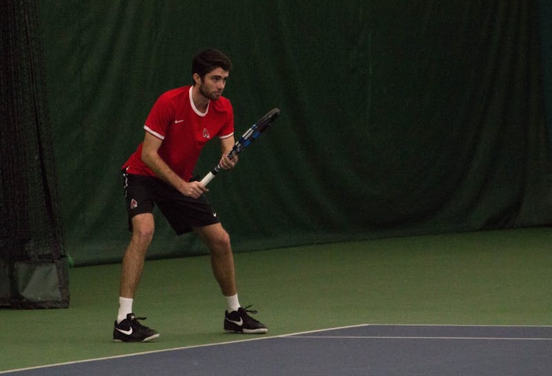 Ball State tennis players Tom Carney and Matt Helm play against Eastern Illinois players Jared Woodson and Freddie Ammer in the match on Jan. 22 at Muncie's Northwest YMCA. The Cardinals are playing in the MAC Indoor Nov. 10-Nov. 12 in Michigan. Grace Ramey, DN File