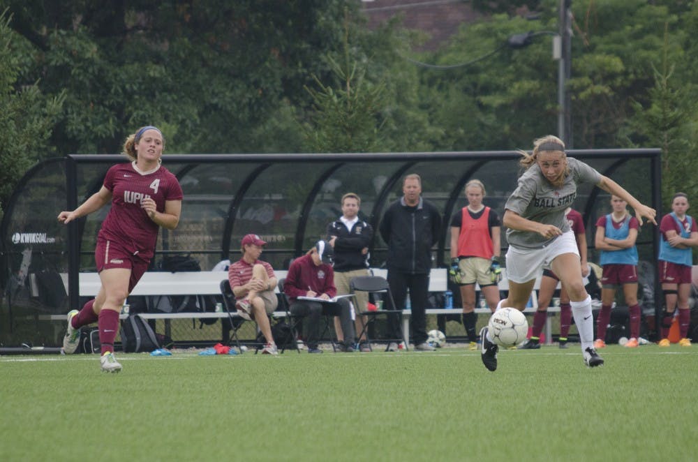 Members of the Ball State soccer team were in action against IUPUI for their exhibition match on Aug. 16. The lady Cardinals will be in action against IPFW this coming Saturday. DN PHOTO BREANNA DAUGHERTY