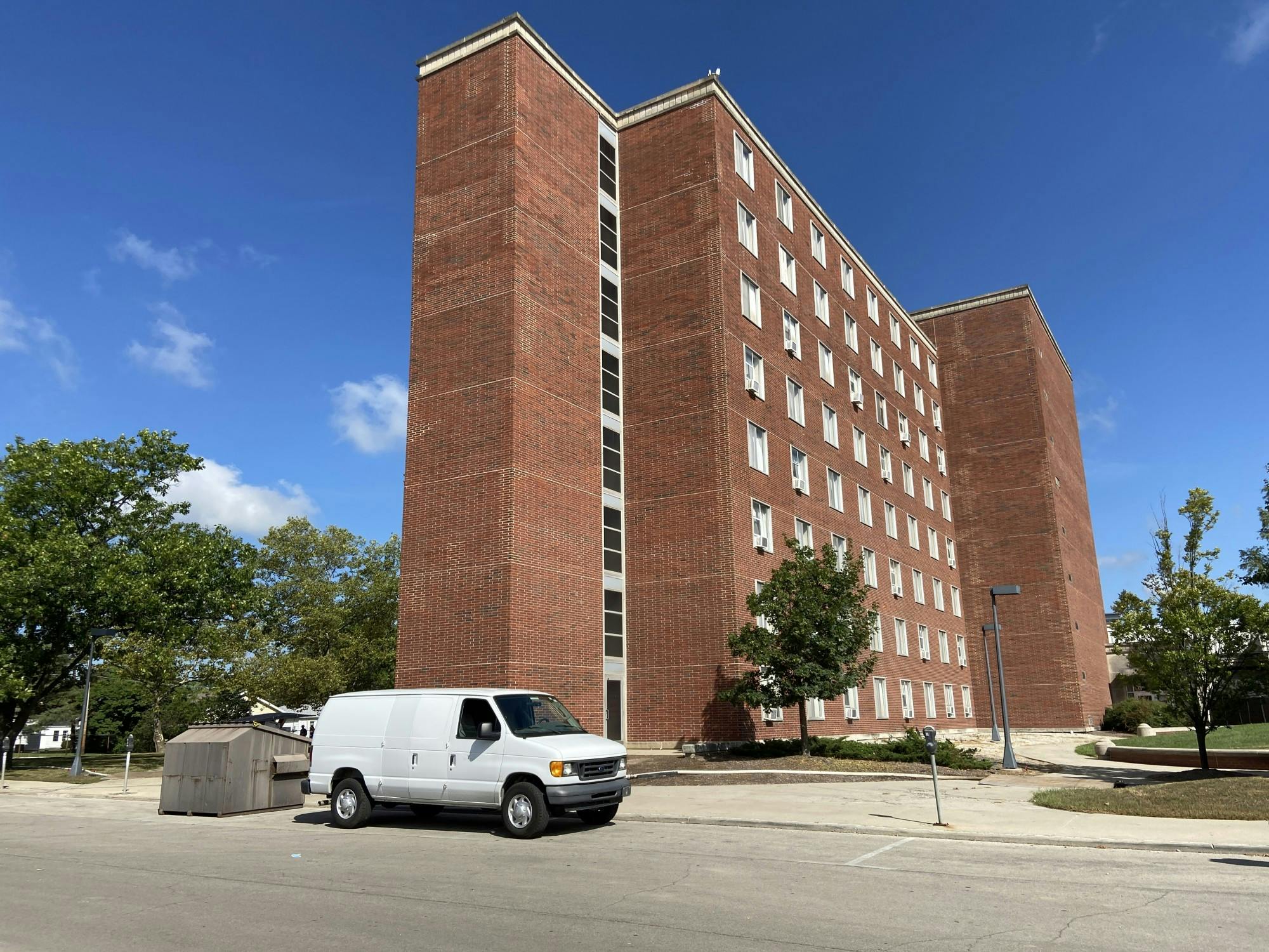 The Brayton/Clevenger wing of LaFollette stands separate from the demolition of other wings Sept. 3, 2020. On-campus students who test positive for COVID-19 are isolated in Brayton/Clevenger. Grace McCormick, DN