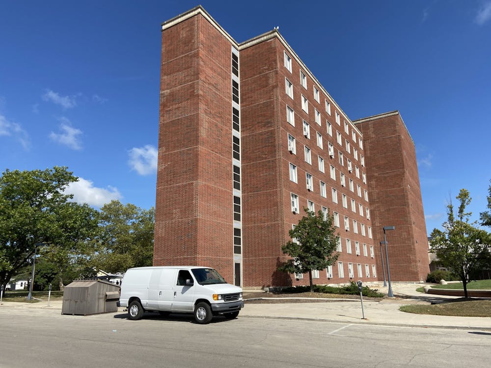 <p>The Brayton/Clevenger wing of LaFollette stands separate from the demolition of other wings Sept. 3, 2020. On-campus students who test positive for COVID-19 are isolated in Brayton/Clevenger. <strong>Grace McCormick, DN</strong></p>