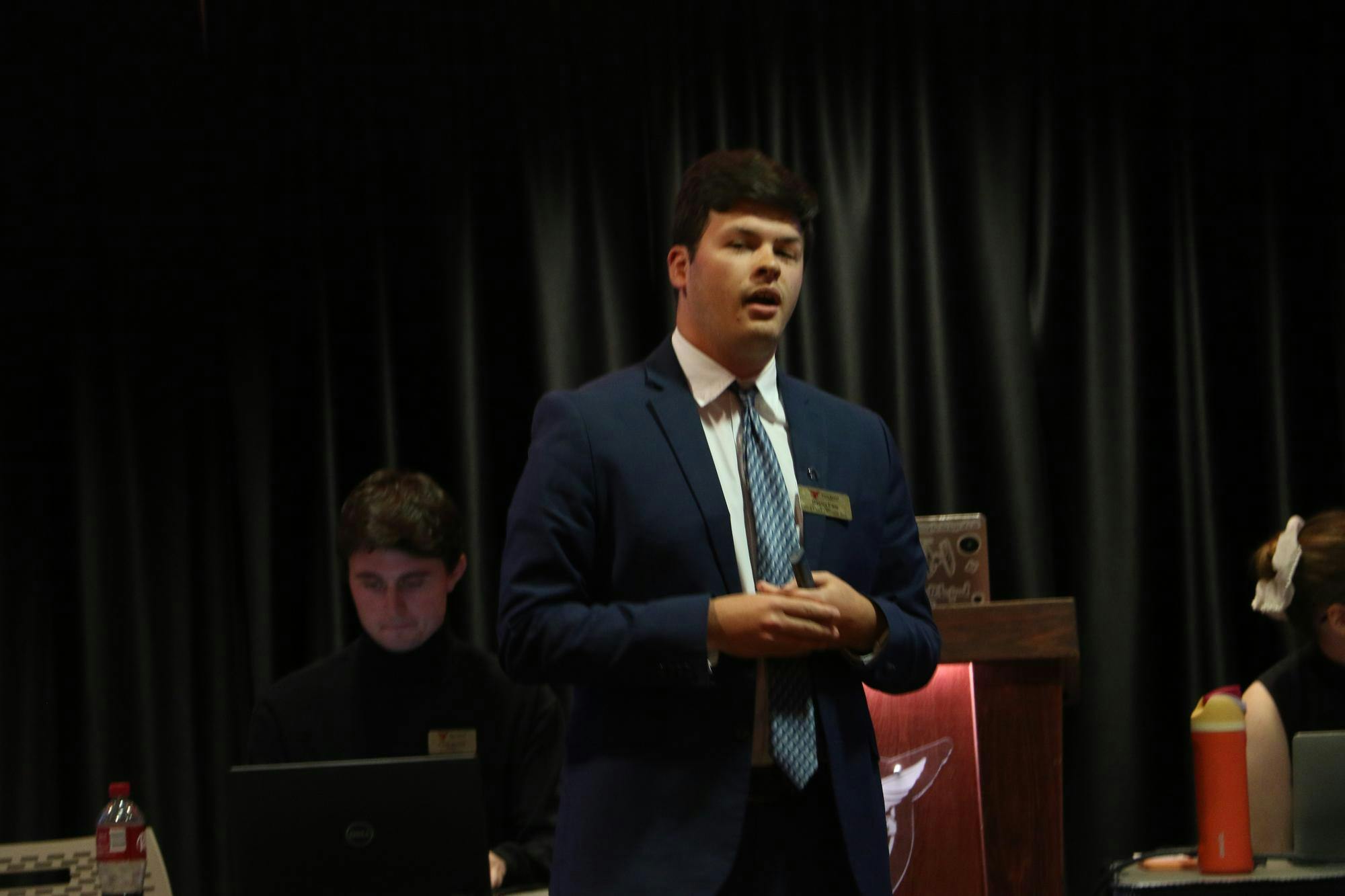 Ball State's Student Government Association (SGA)'s Chief Administrator Hunter Case, a third-year political science major at Ball State gives a March 26 presentation to the student senate inside the university's L.A. Pittenger Student Center Cardinal Hall A. Case  is running to be president pro tempore for next school year. Shelby Anderson, DN