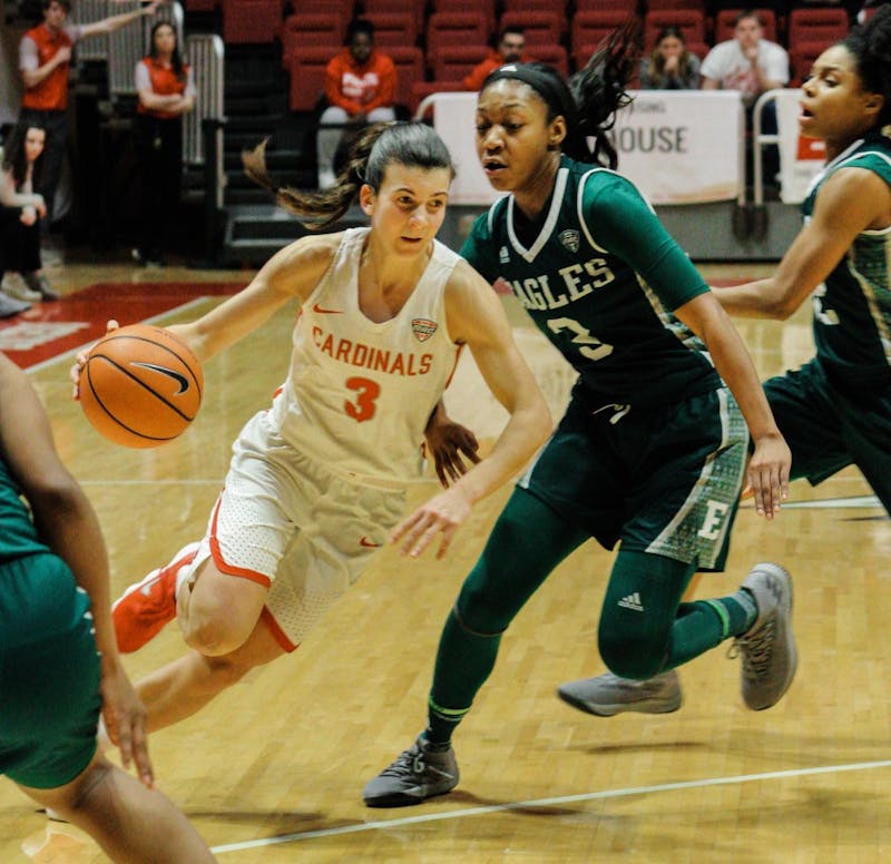 Junior Carmen Grande dribbles the ball down the court towards the goal to gain another point for the Cardinals during the Ball State vs. Eastern Michigan women’s basketball game on February 7 in Worthen Arena. Carlee Ellison, DN