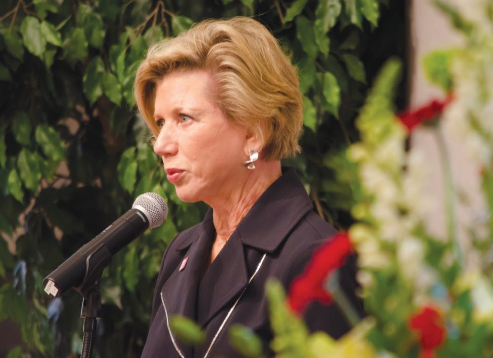 President Jo Ann Gora speaks at a memorial service on Sept. 30 at the Alumni Center. Gora announced her retirement for June 2014. DN FILE PHOTO COREY OHLENKAMP