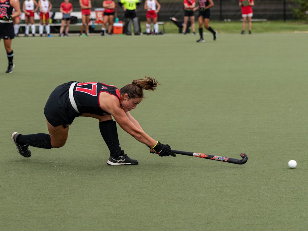 Junior Michaela Graney hits the ball towards a teammate in Ball State's Field Hockey match against Saint Francis University Aug. 26 at Briner Sports Complex. The Cardinals won 2-1 over Saint Francis in their season opener. Eli Houser, DN
