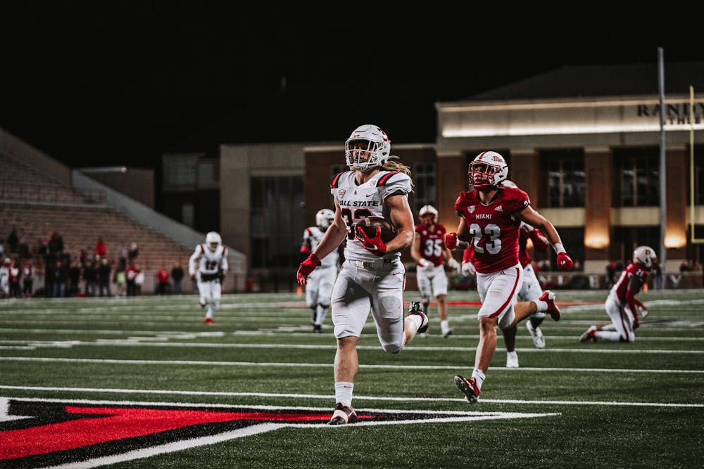 Carson Steele runs in for a touchdown against Miami (OH) Nov. 23. Steele rushed for two touchdowns in the Cardinals' 18-17 loss to the Redhawks. Ball State Athletics, photo provided