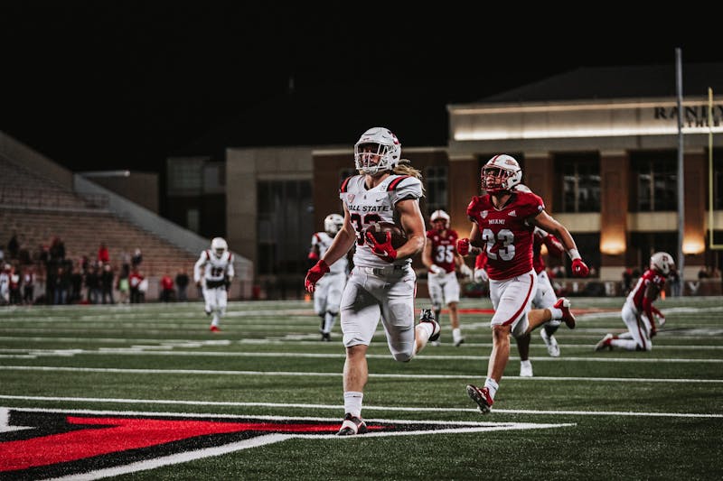 Carson Steele runs in for a touchdown against Miami (OH) Nov. 23. Steele rushed for two touchdowns in the Cardinals' 18-17 loss to the Redhawks. Ball State Athletics, photo provided