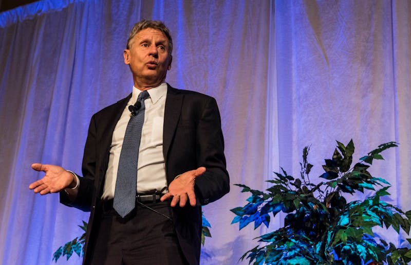 Gary Johnson came to Purdue University at France A. Córdova Recreational Sports Center on Sept. 12 to speak on behalf of his initiative for his presidential election.  Stephanie Amador // DN