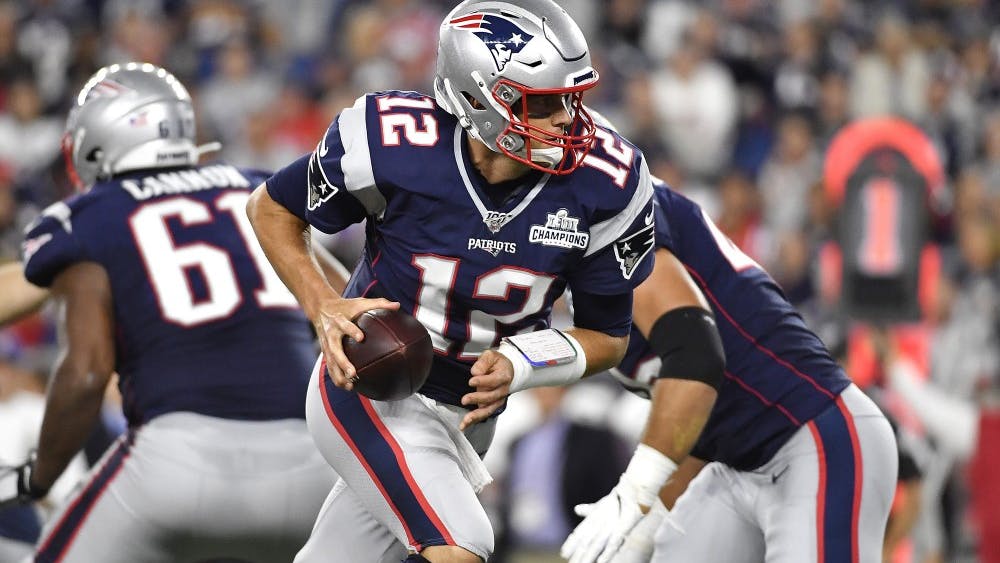 Tom Brady (12) of the New England Patriots handles the ball during the second half against the Pittsburgh Steelers on Sunday, Sept. 8, 2019 at Gillette Stadium in Foxborough, Mass. (Kathryn Riley/Getty Images/TNS)