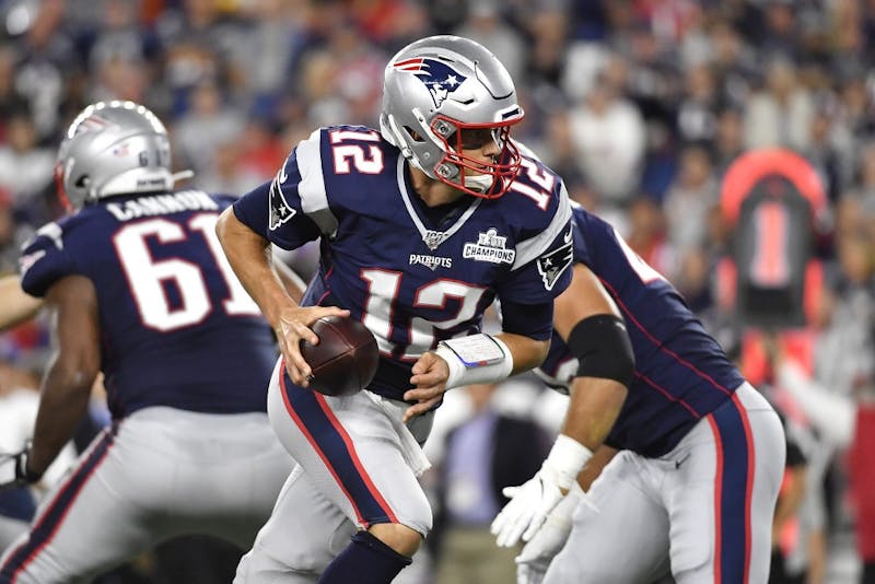 Tom Brady (12) of the New England Patriots handles the ball during the second half against the Pittsburgh Steelers on Sunday, Sept. 8, 2019 at Gillette Stadium in Foxborough, Mass. (Kathryn Riley/Getty Images/TNS)