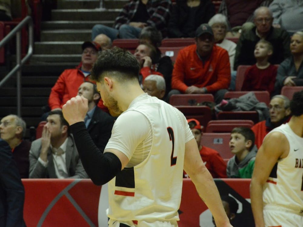 Redshirt senior guard Tayler Persons pumps his first after forcing drawing a foul during a game against Toledo on Feb. 26 at Worthen Arena. Jack Williams, DN 