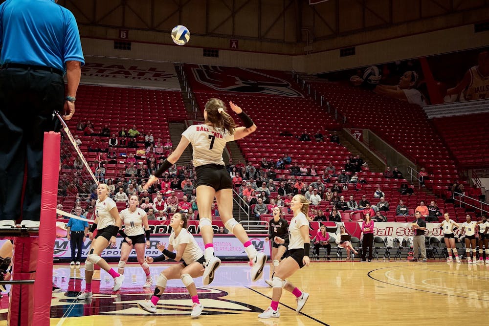 Freshman outside hitter, Natalie Risi (7), gets airborne to spike the ball during the second game against Bowling Green State Falcons on October 26, 2019, at John E. Worthen Arena. The Falcons defeated the Cardinals 3-2. Omari Smith, DN