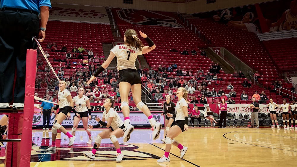 Freshman outside hitter, Natalie Risi (7), gets airborne to spike the ball during the second game against Bowling Green State Falcons on October 26, 2019, at John E. Worthen Arena. The Falcons defeated the Cardinals 3-2. Omari Smith, DN