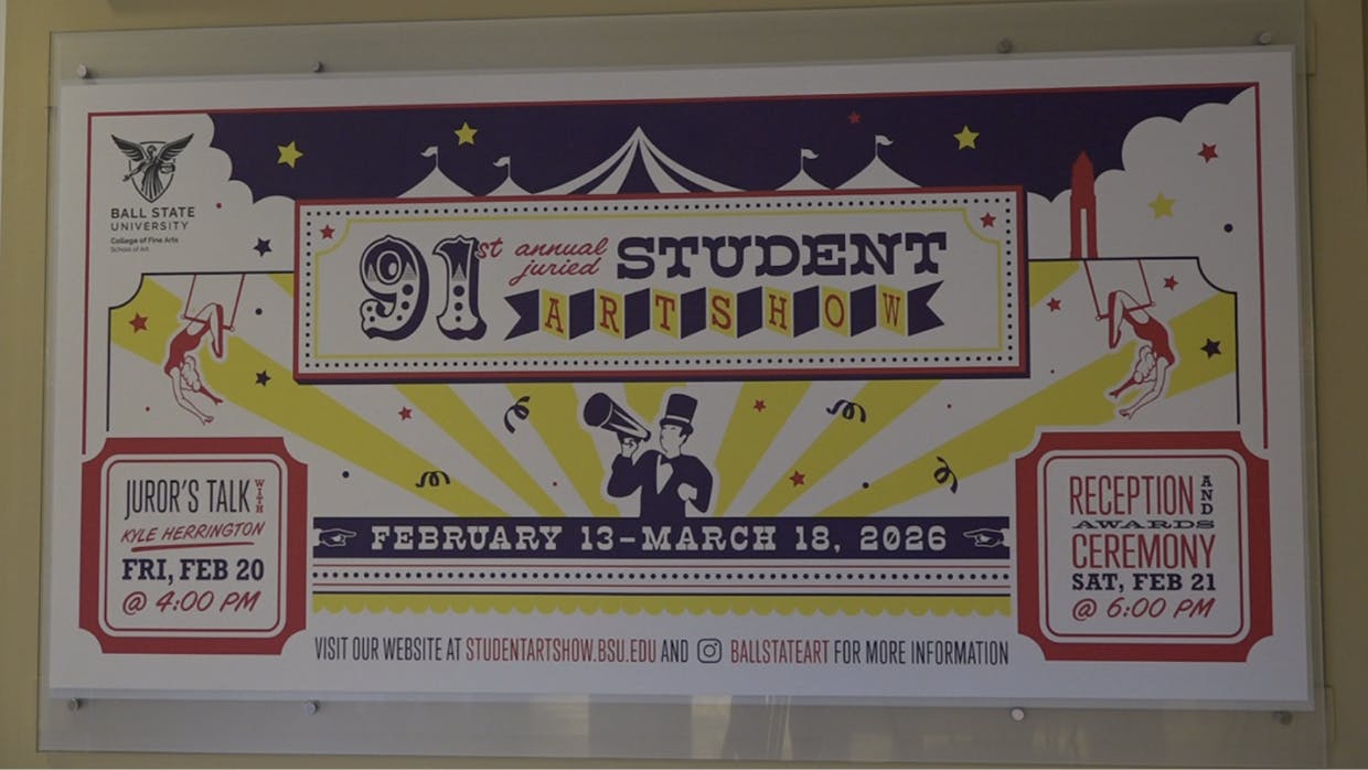 The Student Art Show is celebrated on a banner outside the Ned and Gloria Griner Art Gallery