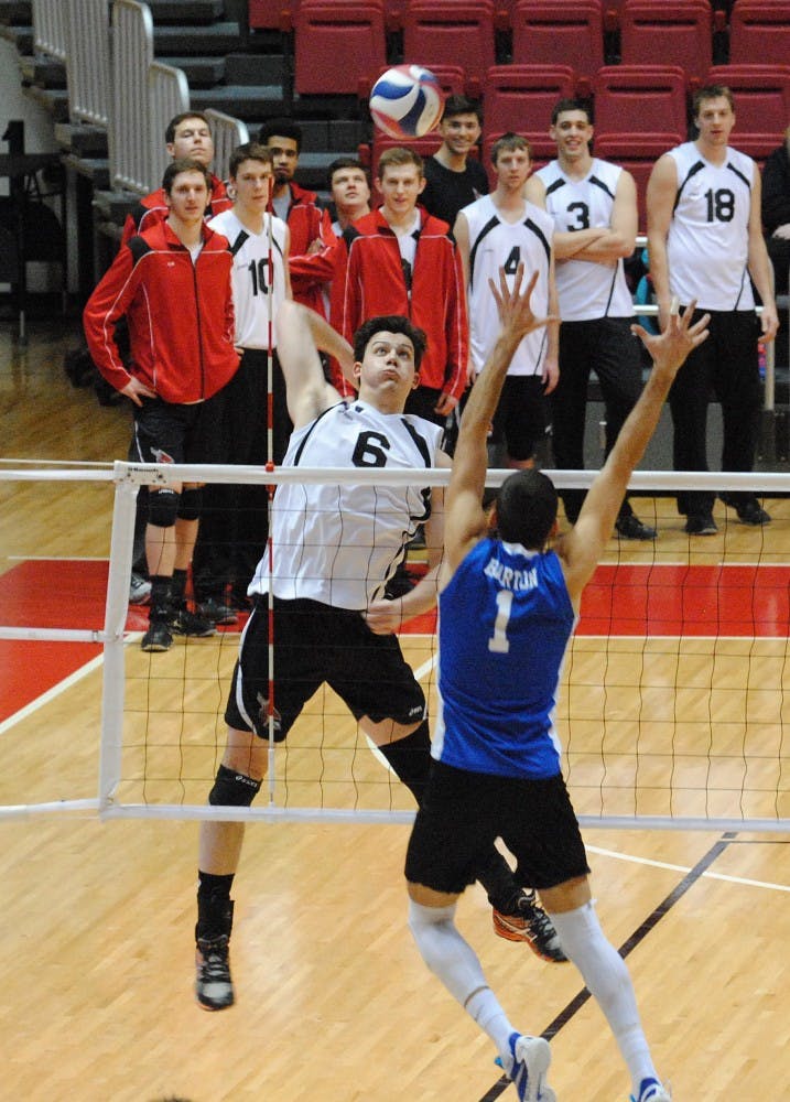 On Feb. 12 the Ball State men’s volleyball team defeated Barton University at Worthen Area. Junior outside attacker Brendan Surane attcks the ball. DN PHOTO ALLISON COFFIN