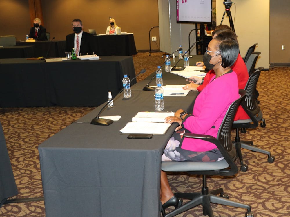Ro-Anne Royer Engle, Ball State vice president for student affairs, presents fall 2021 enrollment numbers with Paula Luff, vice president for enrollment, planning and management at the Board of Trustees meeting in the L.A. Pittenger Student Center Oct. 1, 2021. Though freshman enrollment decreased by about 8 percent, the share of students of color and of socioeconomic diversity increased. Grace McCormick, DN
